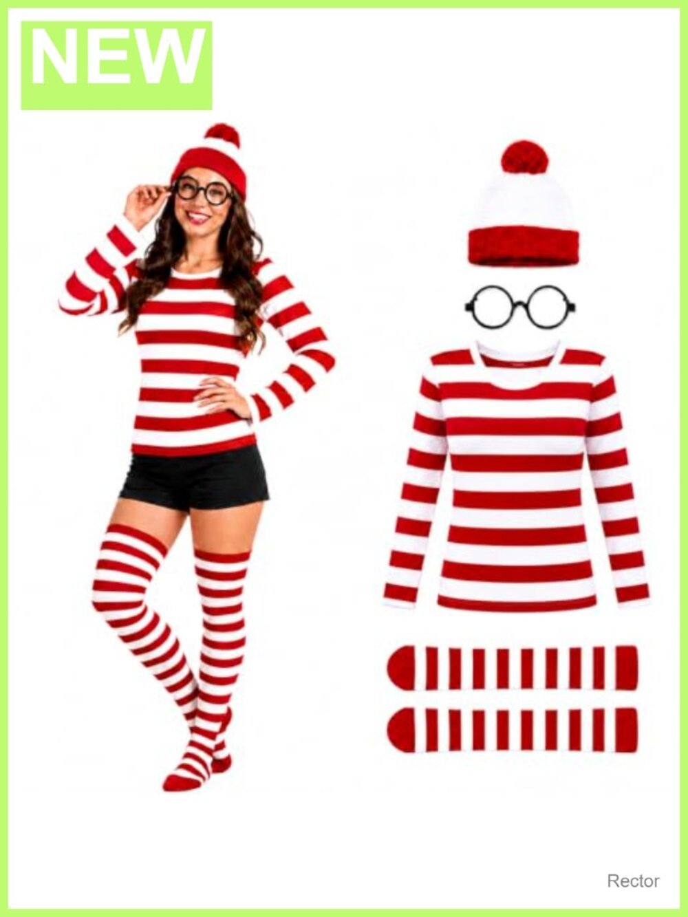 Striped Long Sleeve Shirt with Hat Socks Glasses Halloween Cosplay Set